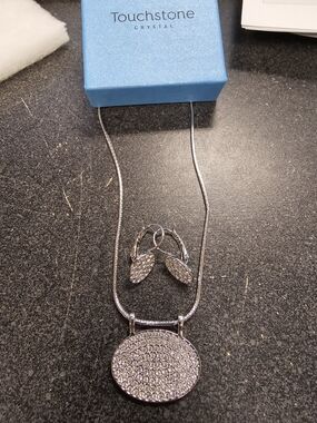 Touchstone Crystal Silver Pavé Oval Pendant Necklace and Earrings Set - Silver